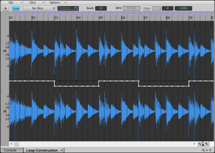 Images shows the pitch envelope in Cakewalk's loop construction window. This envelope changes the pitch while the loop plays. 