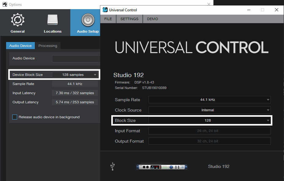 Windows for adjusting latency in the PreSonus Universal Control app, and the audio interface settings with the Studio One host program.