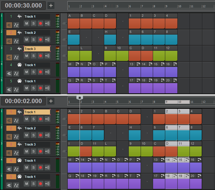 Screen shot that shows before and after for editing operations described in the text, where all clips are chosen for editing.