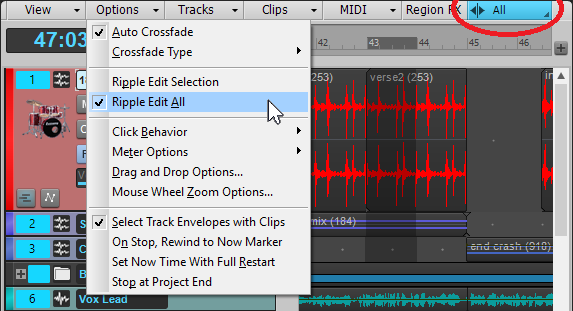 Image of Cakewalk screen shot that allows for choosing between two ripple editing modes.