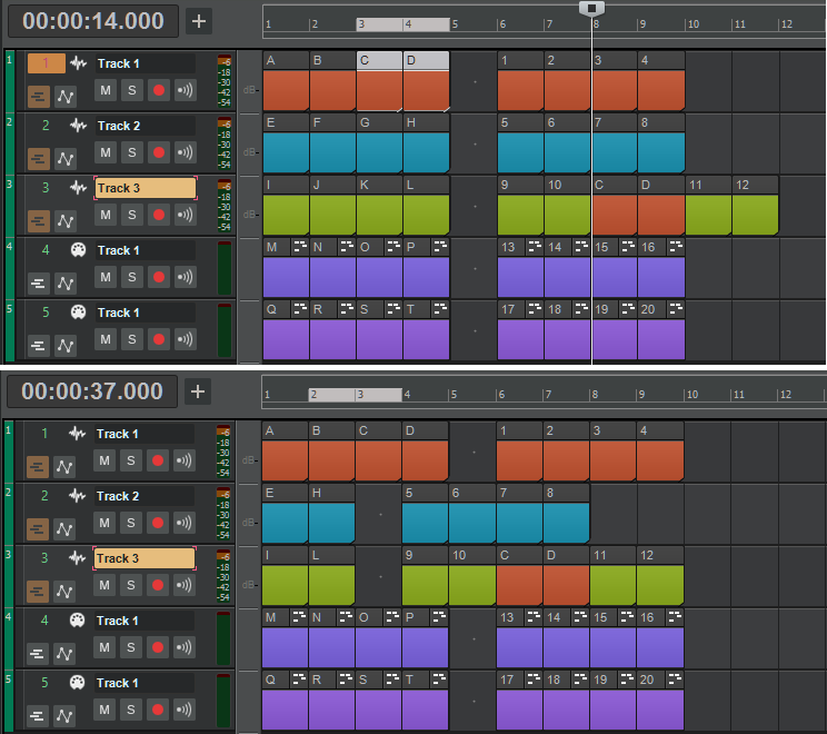 Screen shot that shows before and after for editing operations described in the text, where selected clips are chosen for editing.