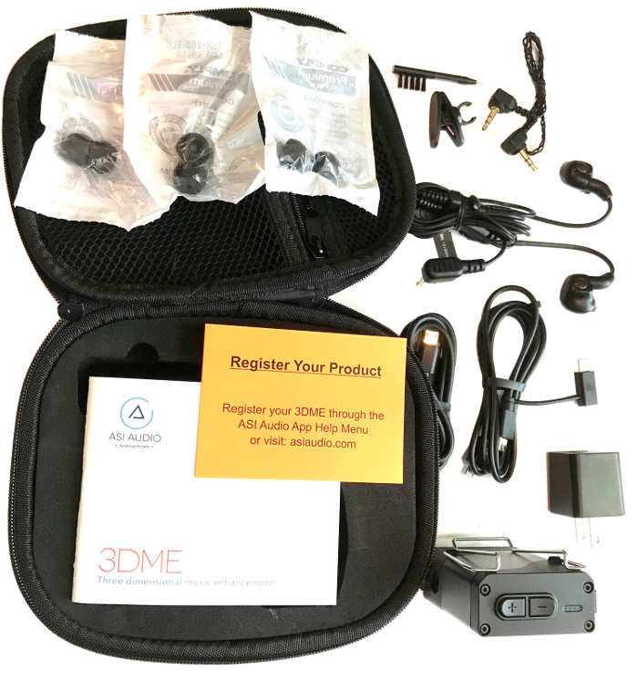 All elements included in the 3DME package: case, earbud tips, in-era monitors, cables, tip cleaner, AC adapter, and bodypack.