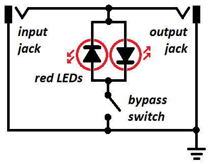 Schematic of transient tamer that shows two LEDs connected back to back, and input and output jacks.