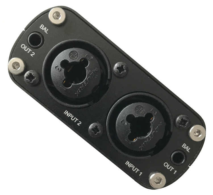 Image of one end of the R4R, showing two Neutrik combo connectors, and two minijack line outputs.
