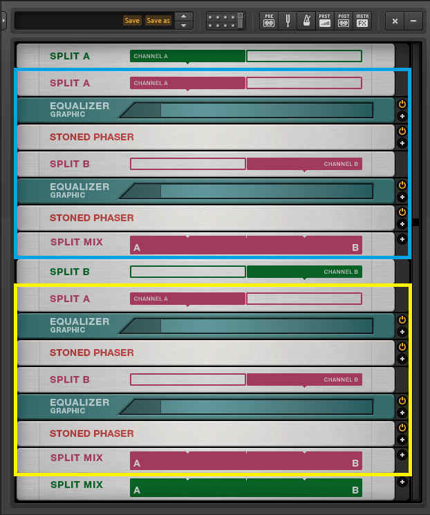 This shows several modules from Native Instruments' Guitar Rig, arranged to provide signal splits and multiband phasing.