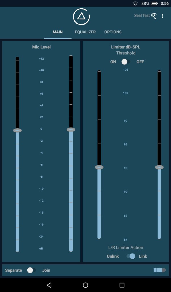 Image of the app's main page, showing the mic input level fader and meter, along with the dynamic range limiter.