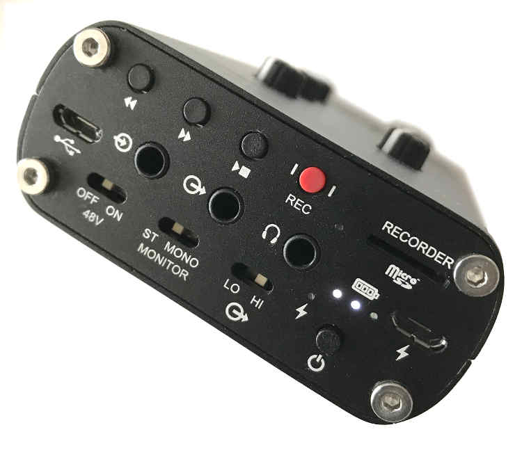 Image of the other side of the R4r, which includes transport buttons for the SD recorder, two USB ports, line in/out minijacks, headphone minijack, and switches for phantom power, stereo/mono monitoring, and low/high line input level.
