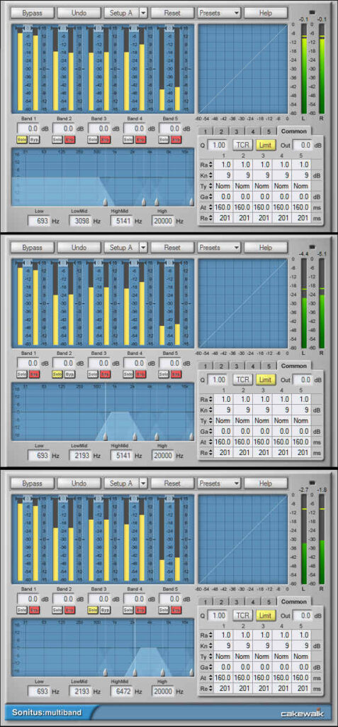 Settings for three multiband compressors used to split an audio signal into three different frequency bands.