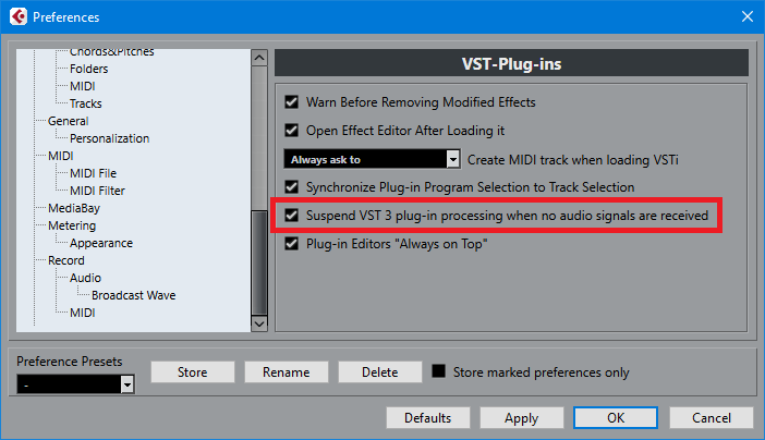 Screen shot shows the option in Cubase 9.5's preferences to suspend VST3 processing if there's no audio going through the plug-in.