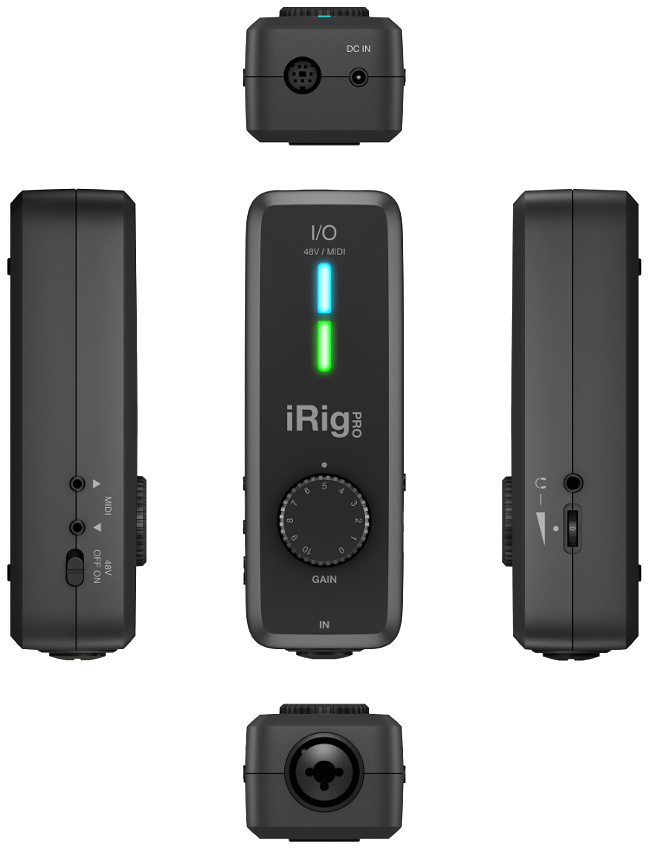 Top and side views of the iRig Pro I/O that show the various controls, jacks, and switches.
