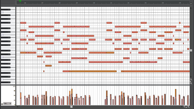 Screen shot of MIDI piano roll view in Cakewalk by BandLab, showing that there are hardly any MIDI data glitches.