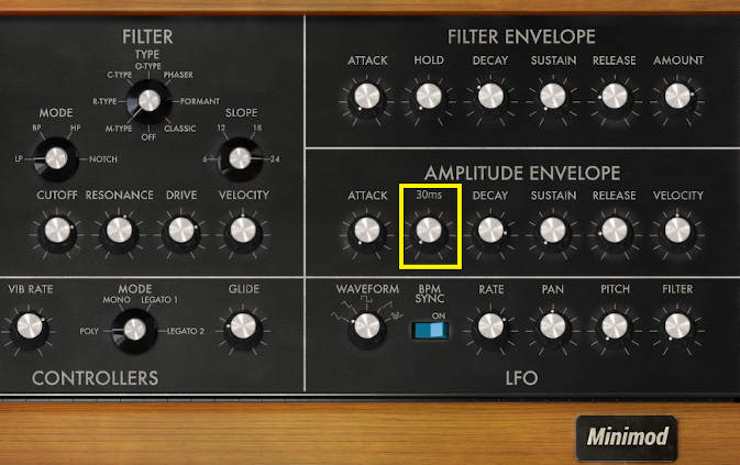 Screen shot of IK Multimeida Minimod virtual instrument knob settings for the filter and amplitude envelope generators.