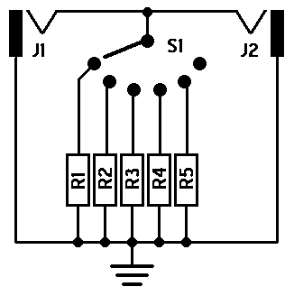 Schematic of a device that chooses among several resistors to shunt a guitar's high frequencies to ground.