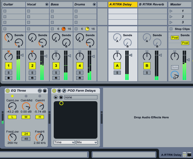 Sends and aux buses set up in Ableton Live, showing how different tracks have different amounts of sends.
