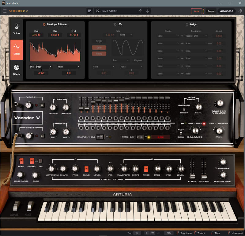 Screen shot of the complete Arturia Vocoder V plug-in/stand-alone signal processor, with vocoder and keyboard synthesizer sections.