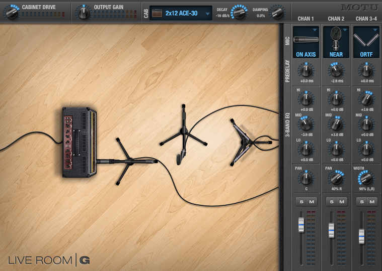 Screen shot showing three virtual mics placed in a room containing a virtual guitar amp.
