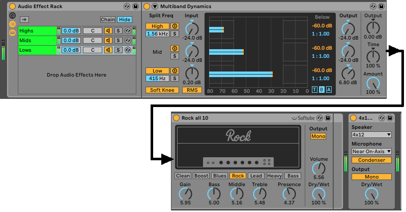 Processing modules used in an Ableton Live rack dedicated to processing low frequencies.
