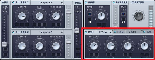 The effects section of Massive, a synthesizer by Native Instruments.