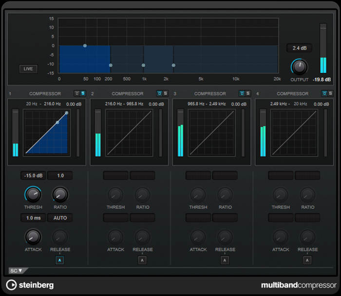 Multiband compressor settings use to convert the processor into a four-way crossover.