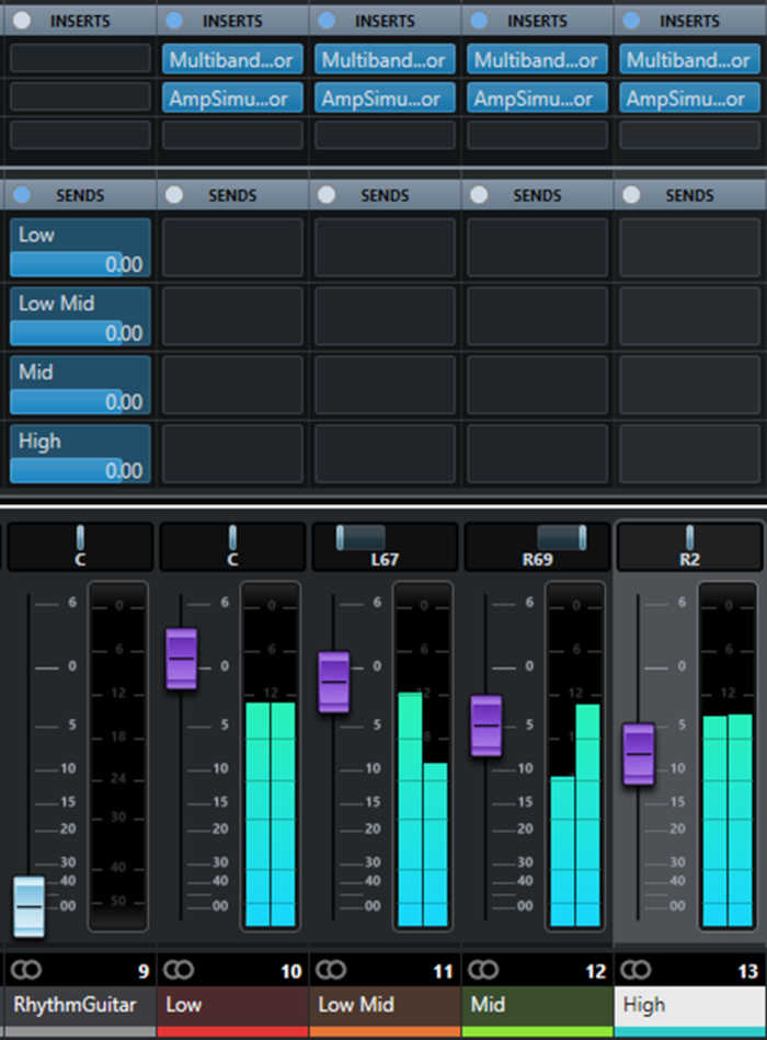 Mixer setup in Steinberg Cubase, showing FX Channels for four frequency bands.