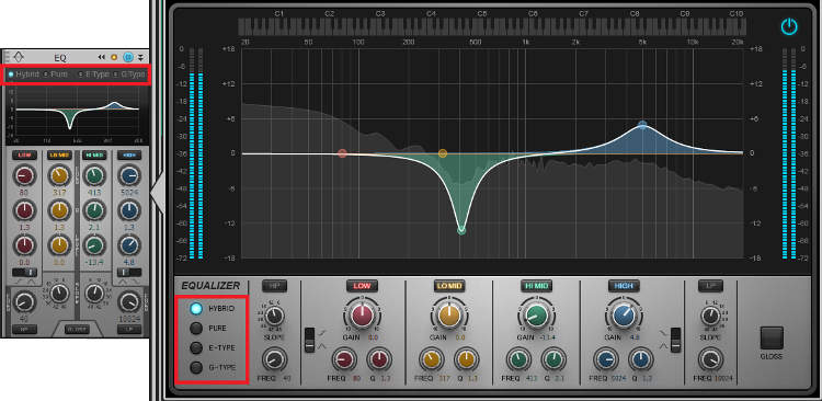 Two different views of the quadcurve EQ, the compact and extended versions.