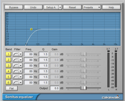 Screen showing the frequency response curve, which has a very sharp low-frequency cutoff.