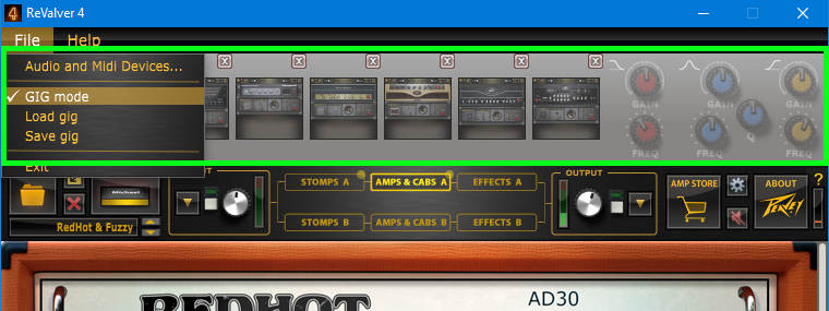 Screen shot of multiple buttons that call up different amp sim presets for live performance.