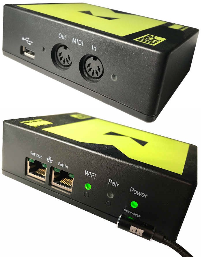 Image of the front and back of the Bohm Box, showing its various connectors.