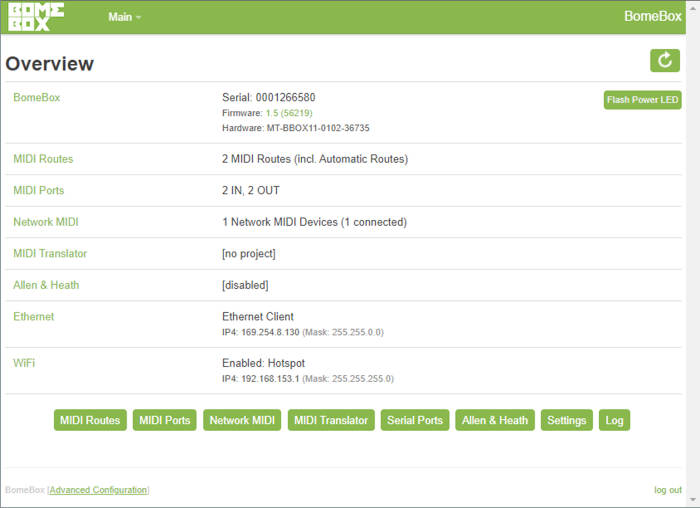 The configuration screen from the Bome Box web app.